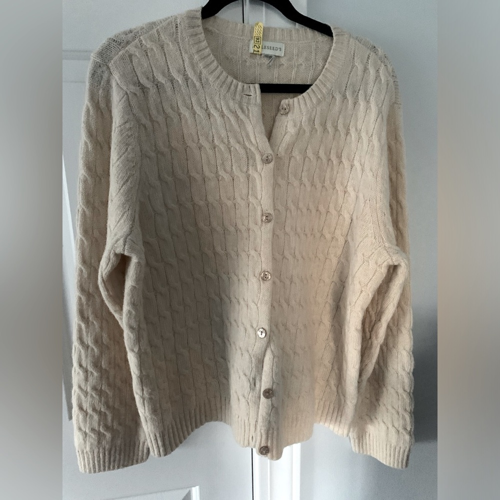 Appleseeds womens 100% wool button cream/ivory cardigan cableknit sweater large